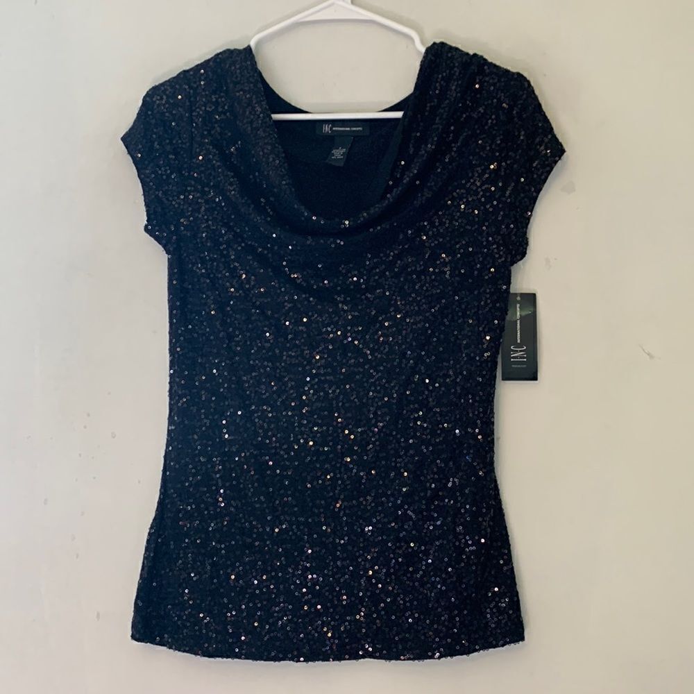 International Concepts black sequined cap sleeve blouse Size S NWT